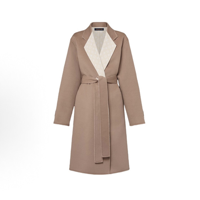 lv louis vuitton lapel monogram contrast panel belted wrap long coat